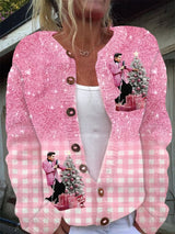 Women's Plaid Gradient Print Cozy Knit Cardigan