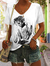 Women's Retro King Of Rock Roll Print V Neck T-Shirt