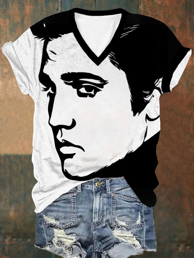Women's Retro Music Star Print V-Neck T-Shirt