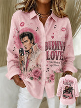 Women's Vintage 1950s Rockabilly King Print Casual Shirt