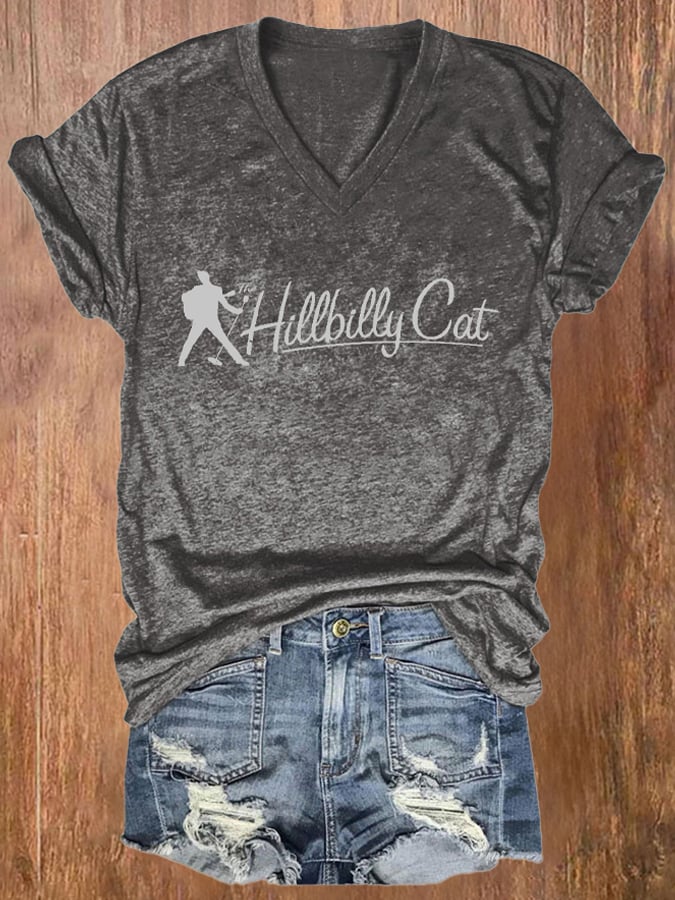 V-neck The Hillbilly Cat Print T-Shirt