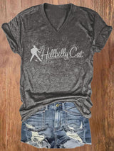 V-neck The Hillbilly Cat Print T-Shirt