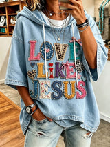 Women's Retro Appliqué JESUS Light Blue Hoodie