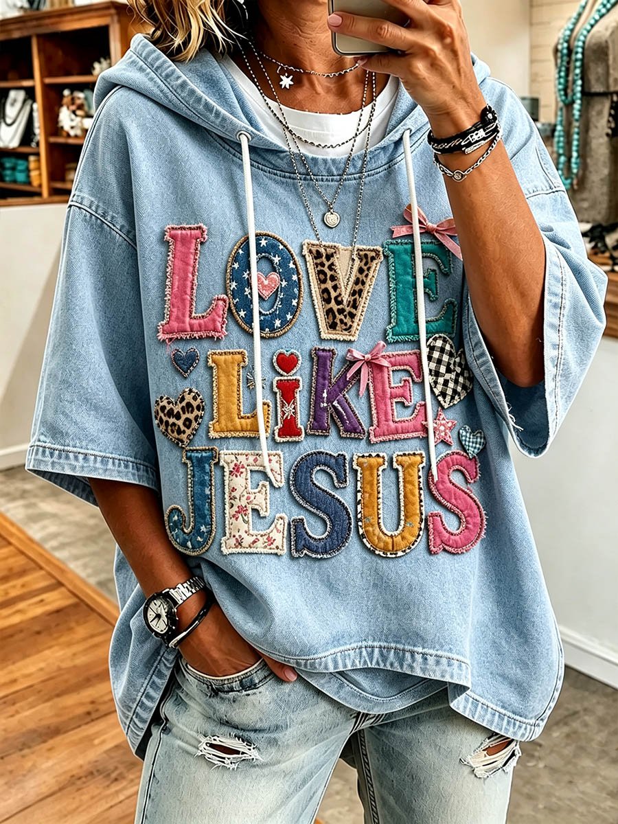 Women's Retro Appliqué JESUS Light Blue Hoodie