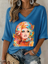 V-Neck Retro Dolly Watercolor Painting Print T-Shirt