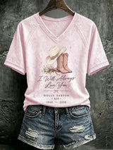 V Neck Retro I Will Always Love You Western Cowgirl Pink Cowboy Boots Print T-Shirt