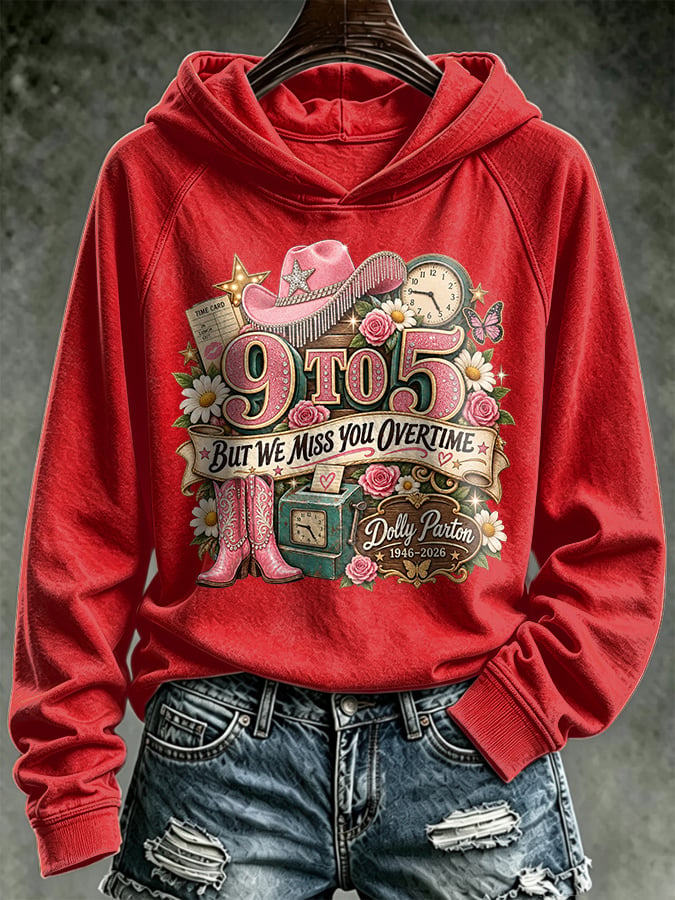 Retro 9 To But We Miss You Overtime Print Hoodie