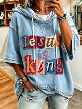 Women's Retro Appliqué JESUS Light Blue Hoodie