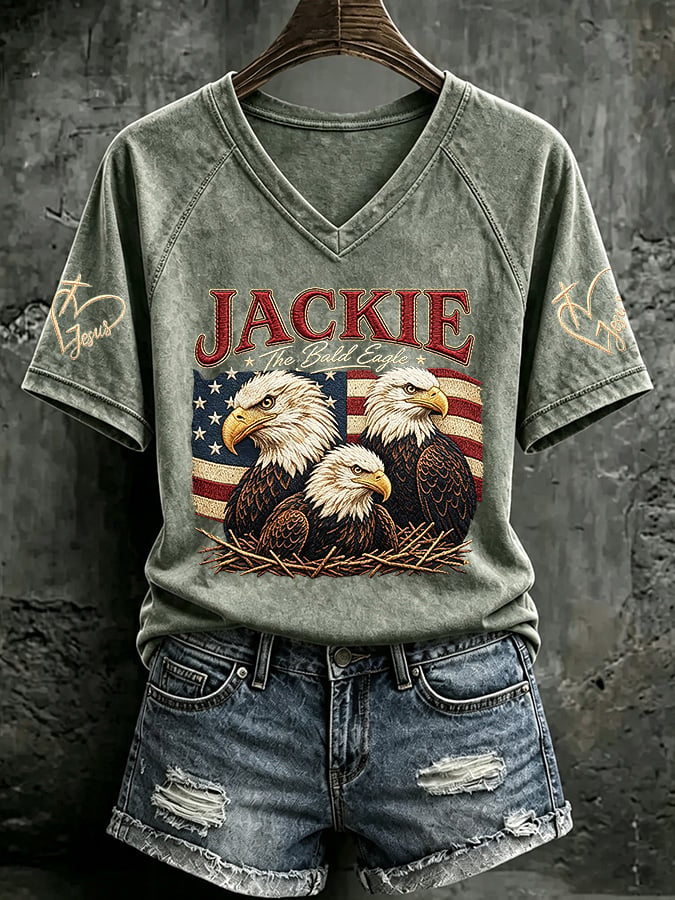 V Neck Retro Jackie The Bald Eagle Print T-Shirt