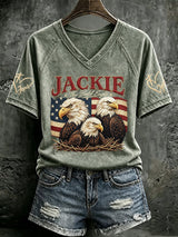 V Neck Retro Jackie The Bald Eagle Print T-Shirt