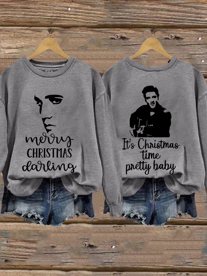 Retro King Of Rock Roll Merry Christmas Print Sweatshirt