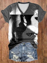 Women’s Retro King Of Rock Roll Print V-Neck T-Shirt