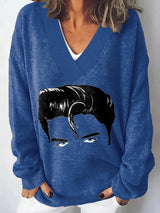 V-Neck Retro King Of Rock Roll Print Sweater