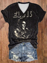 Women’s Retro King Of Rock Roll Print V-Neck T-Shirt