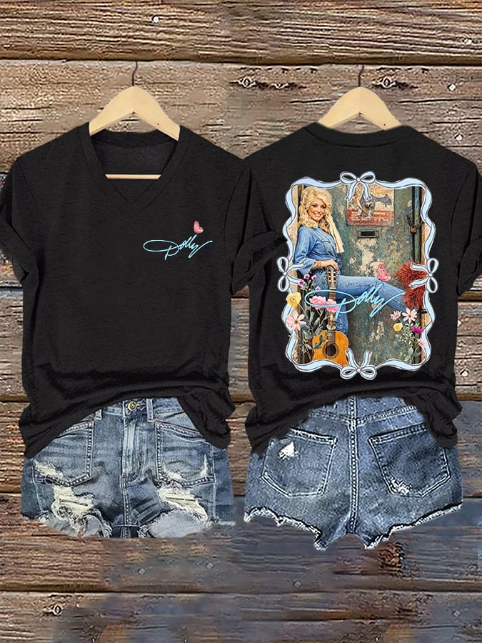 V-Neck Retro Dolly Queen Of Country Print T-Shirt