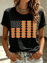 Women's Hot Dog Pattern American Flag Patriotic Print Comfortable Pure Cotton T-Shirt