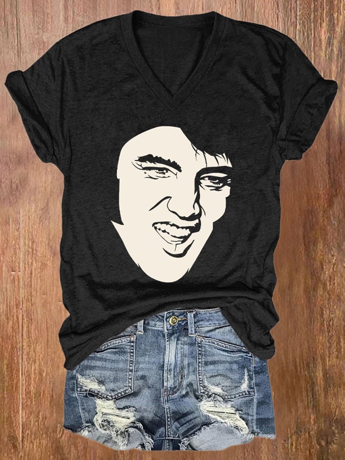 V-neck Retro King Of Rock Roll Print T-Shirt