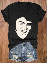 V-neck Retro King Of Rock Roll Print T-Shirt