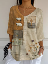 Women's Summer Cute Lamb Floral Cross Faux Embroidery Print Top