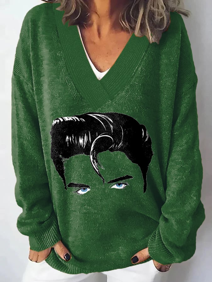 V-Neck Retro King Of Rock Roll Print Sweater