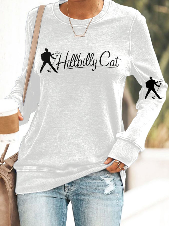 Retro King Of Rock Roll The Hillbilly Cat Print Sweatshirt