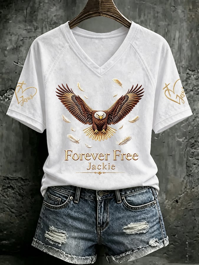V Neck Retro Forever Free Jackie Print T-Shirt