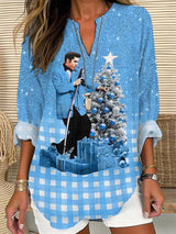 Women's Plaid Gradient Print Linen Blend Cozy Shirt