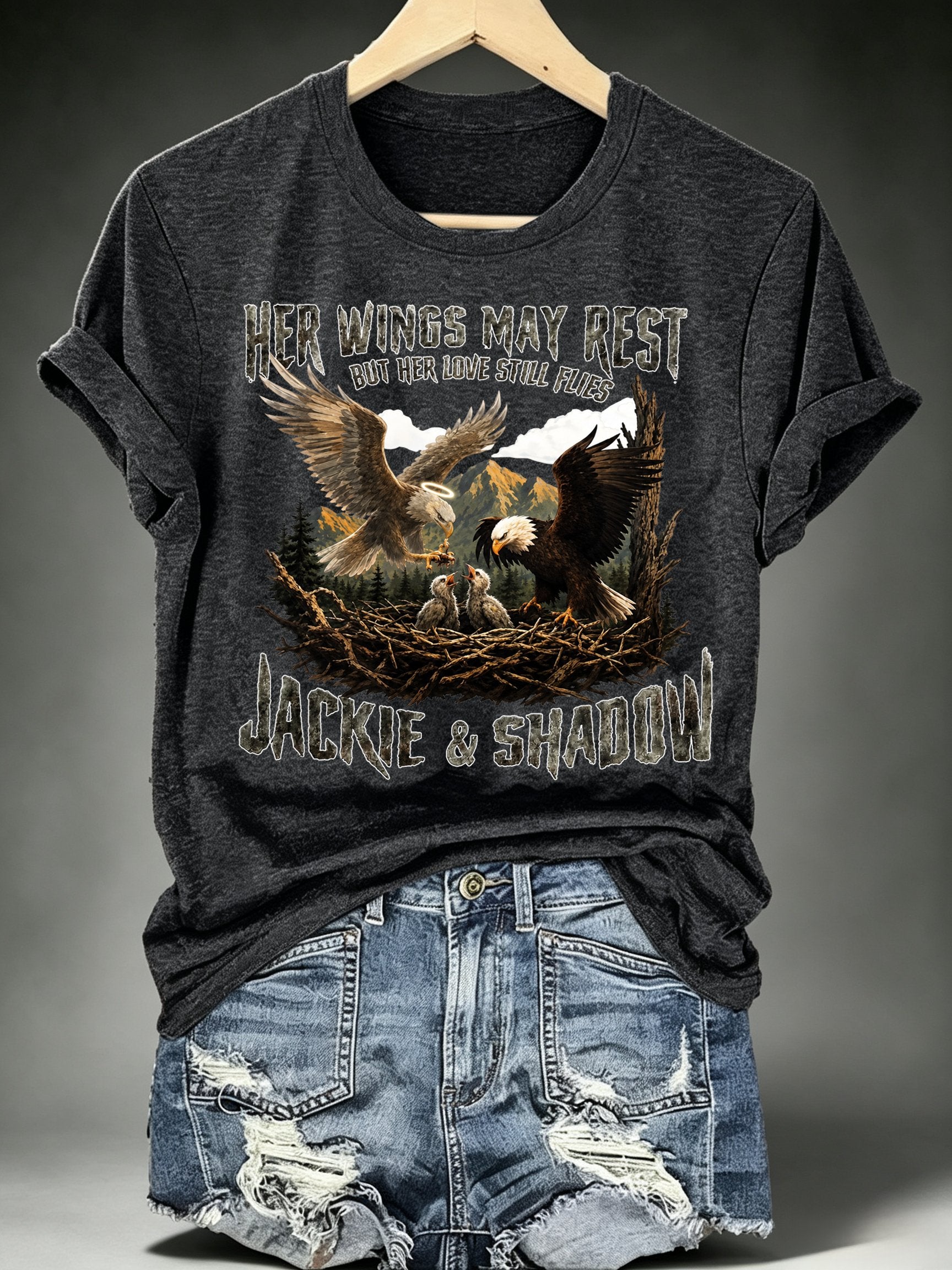 Women's HER WINGS MAY REST Print Crew-Neck T-Shirt