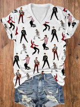 Women's rock singer printed V-neck T-shirt