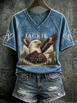 V Neck Retro In Loving Memory Of Jackie 2012-2026 Forever In Our Hearts Forever In The Skies A Legacy Of Strength Love Freedom Print T-Shirt