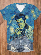 Women's Fun Vintage Oil Painting Silhouettes Print V-Neck T-Shirt