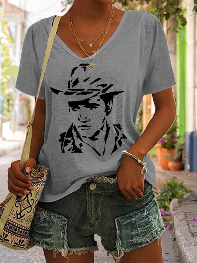 Women's The King Print V Neck Casual T-Shirt