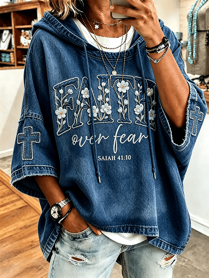 ”Faith Over Fear“ Retro Faith Pattern Hooded Short-Sleeve T-Shirt