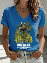 V-Neck Retro Big Bear Discovery Center Jackie And Shadow Print T-Shirt