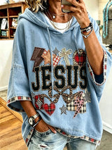 Women's Retro Appliqué JESUS Light Blue Hoodie