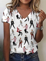 Women's rock singer printed V-neck T-shirt