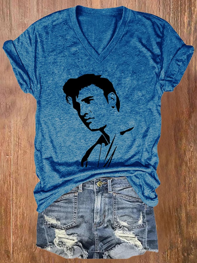 V-neck Retro King Of Rock Roll Print T-Shirt