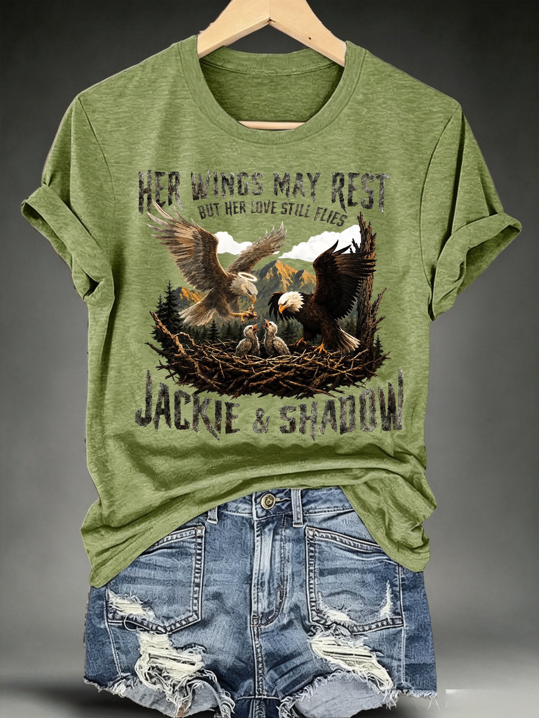 Women's HER WINGS MAY REST Print Crew-Neck T-Shirt