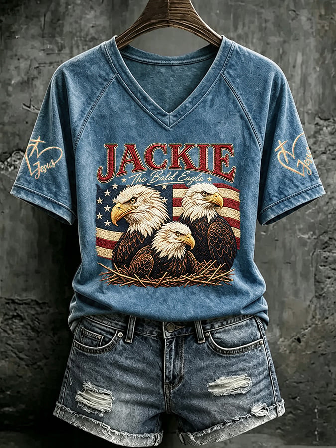 V Neck Retro Jackie The Bald Eagle Print T-Shirt