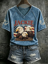 V Neck Retro Jackie The Bald Eagle Print T-Shirt