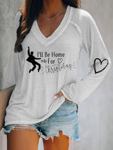 King Of Rock Roll I'll  Be Home For Christmas V-neck Print T-Shirt