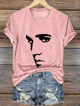 V-neck Retro King Of Rock Roll Print T-Shirt