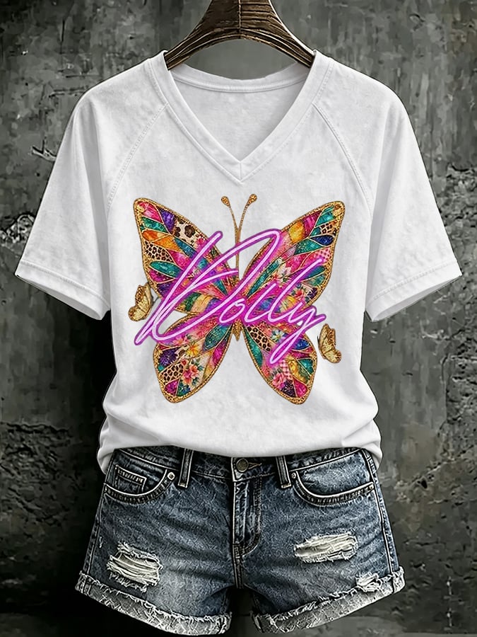 V Neck Retro Butterfly Dolly Queen Of Country Print T-Shirt