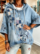 Women's "Faith" Denim-Print Crew-Neck Mid-Sleeve Sweatshirt