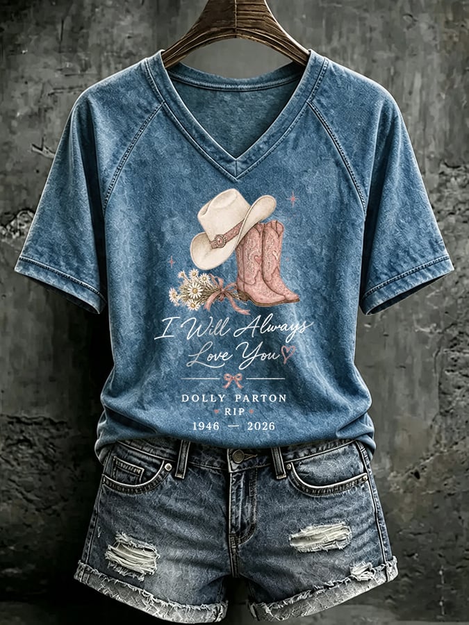 V Neck Retro I Will Always Love You Western Cowgirl Pink Cowboy Boots Print T-Shirt
