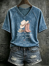 V Neck Retro I Will Always Love You Western Cowgirl Pink Cowboy Boots Print T-Shirt