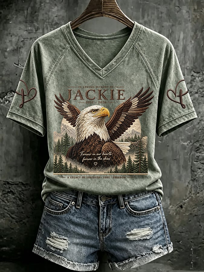 V Neck Retro In Loving Memory Of Jackie 2012-2026 Forever In Our Hearts Forever In The Skies A Legacy Of Strength Love Freedom Print T-Shirt