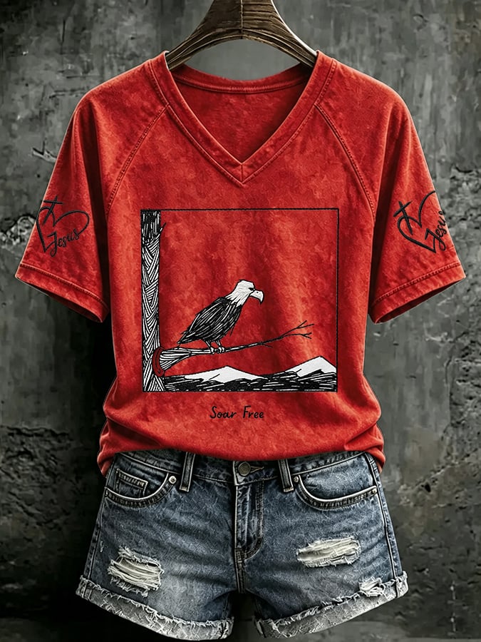 V Neck Retro Jackie Forever Our Queen Soar Free Print T-Shirt