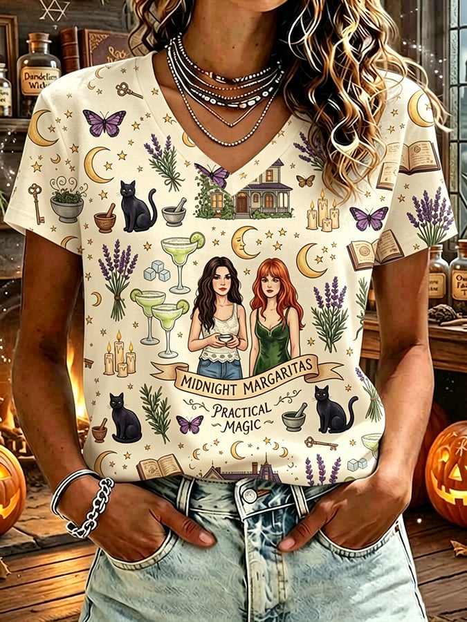 Women's Midnight Margaritas Print V Neck T-shirt