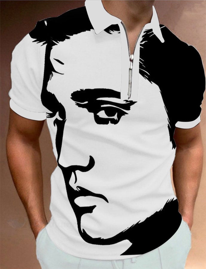 Men's Vintage Music Superstar Printed Zip Polo Shirt